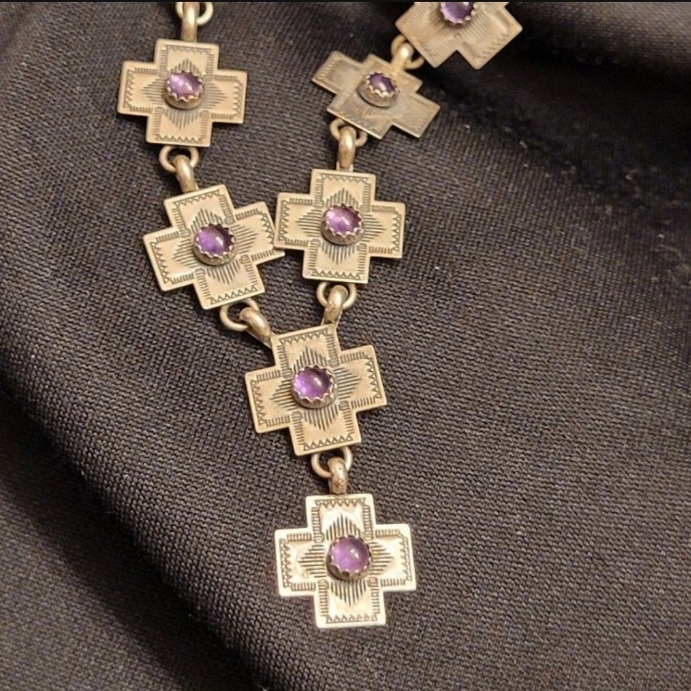 Vintage Q.T. 925 and Amethyst Cross Southwestern Style Necklace